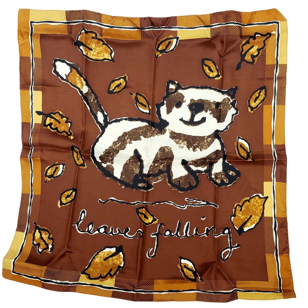 Jogo Brown Leaves Falling Silk Scarf with Cat Motif